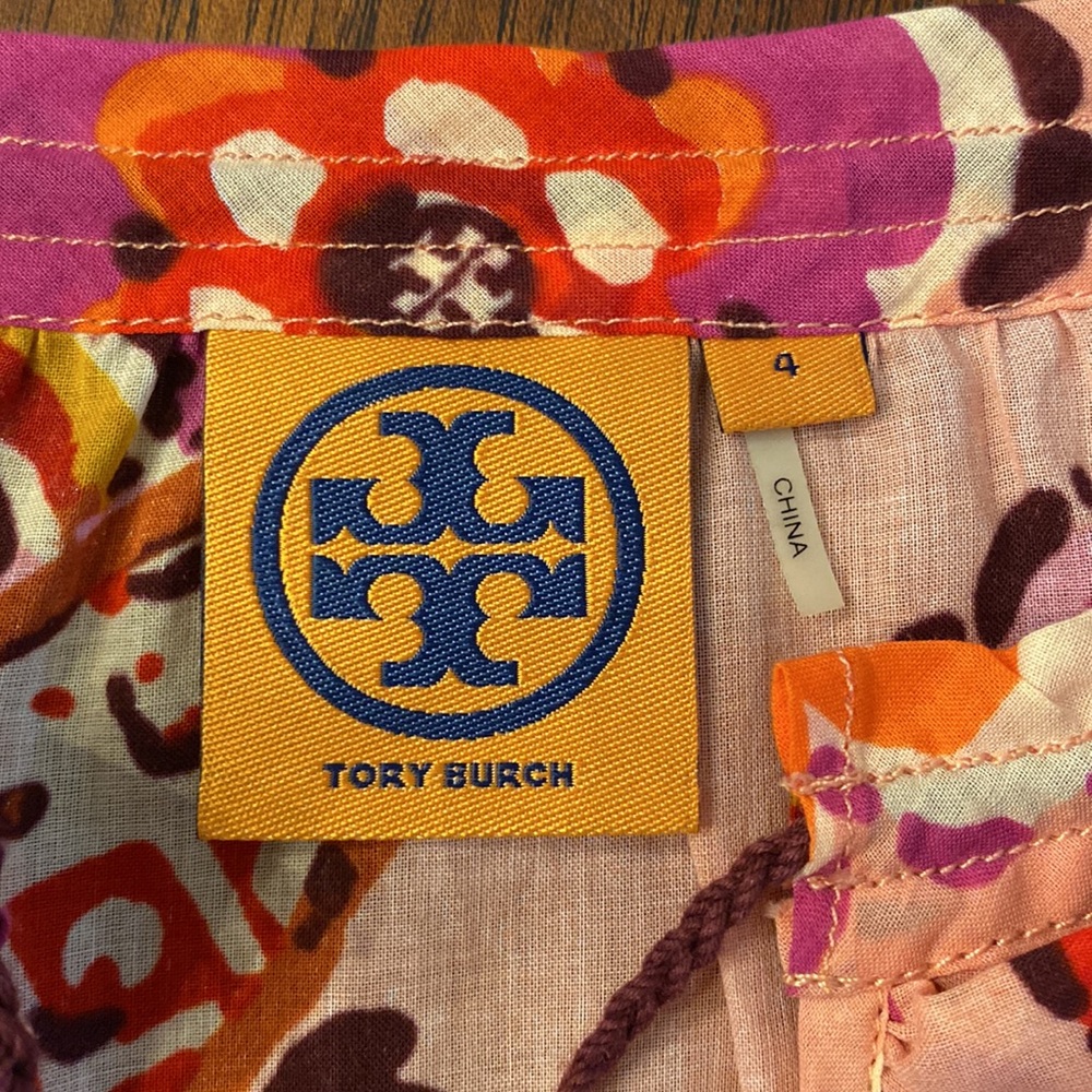 Tory Burch Cotton Voile Tunic Pink Orange Floral Drawstring Ruffle Collar Size 4 - Picture 10 of 16